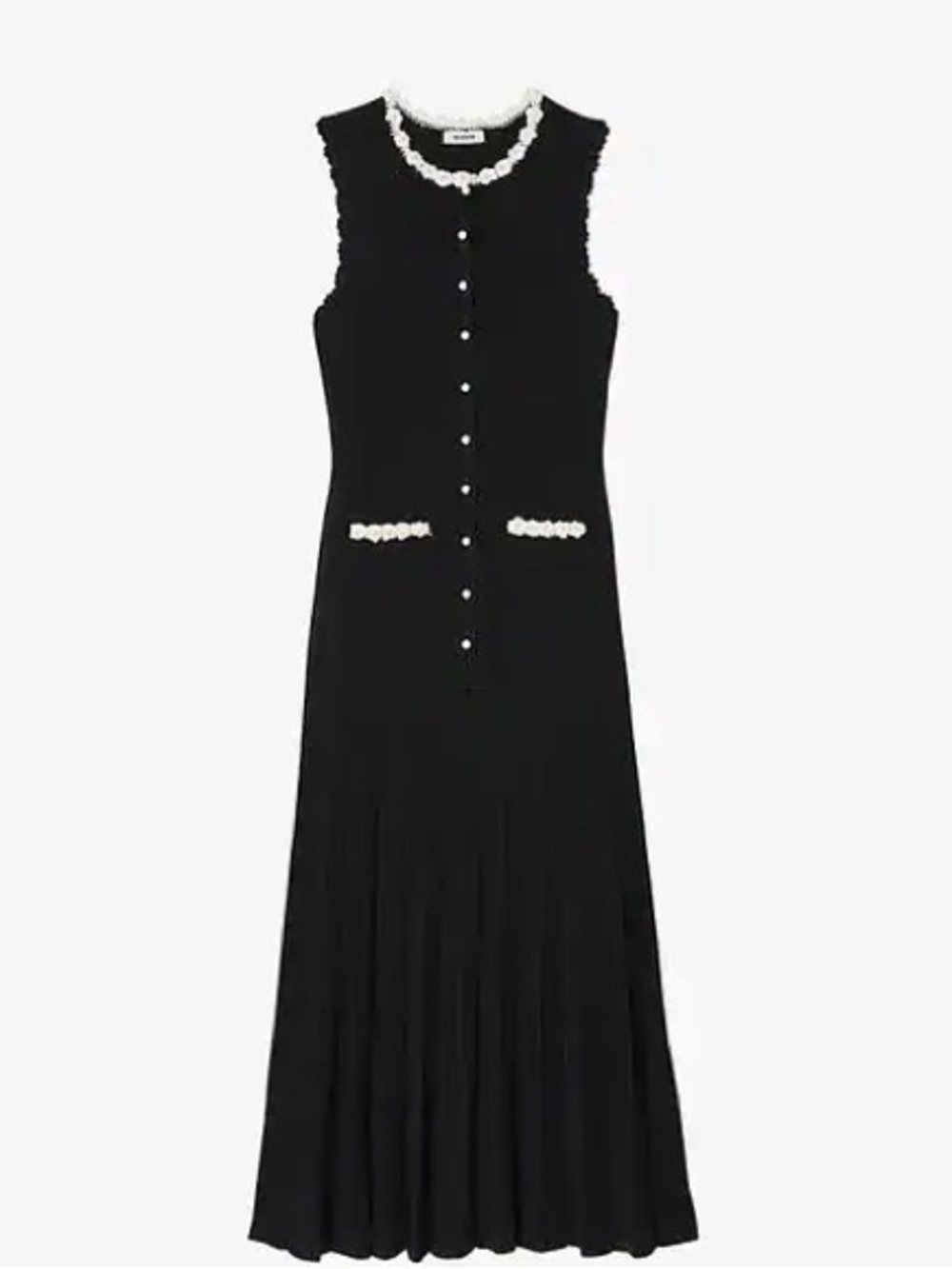 SANDRO Scalloped-Trim Knitted Black & White Floral Detail Maxi Dress Size 34 - Picture 6 of 13